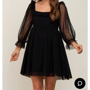 Black Polka Dot Mesh 3/4 Sleeve Maternity Dress